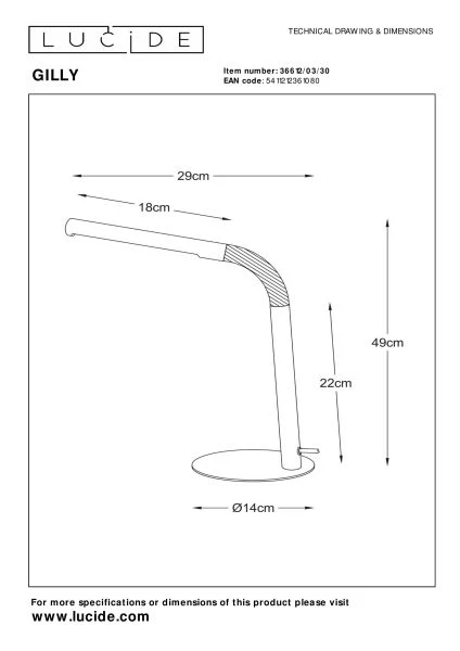 Lucide GILLY - Lampe de bureau - LED - 1x5W 2700K - Noir - technique